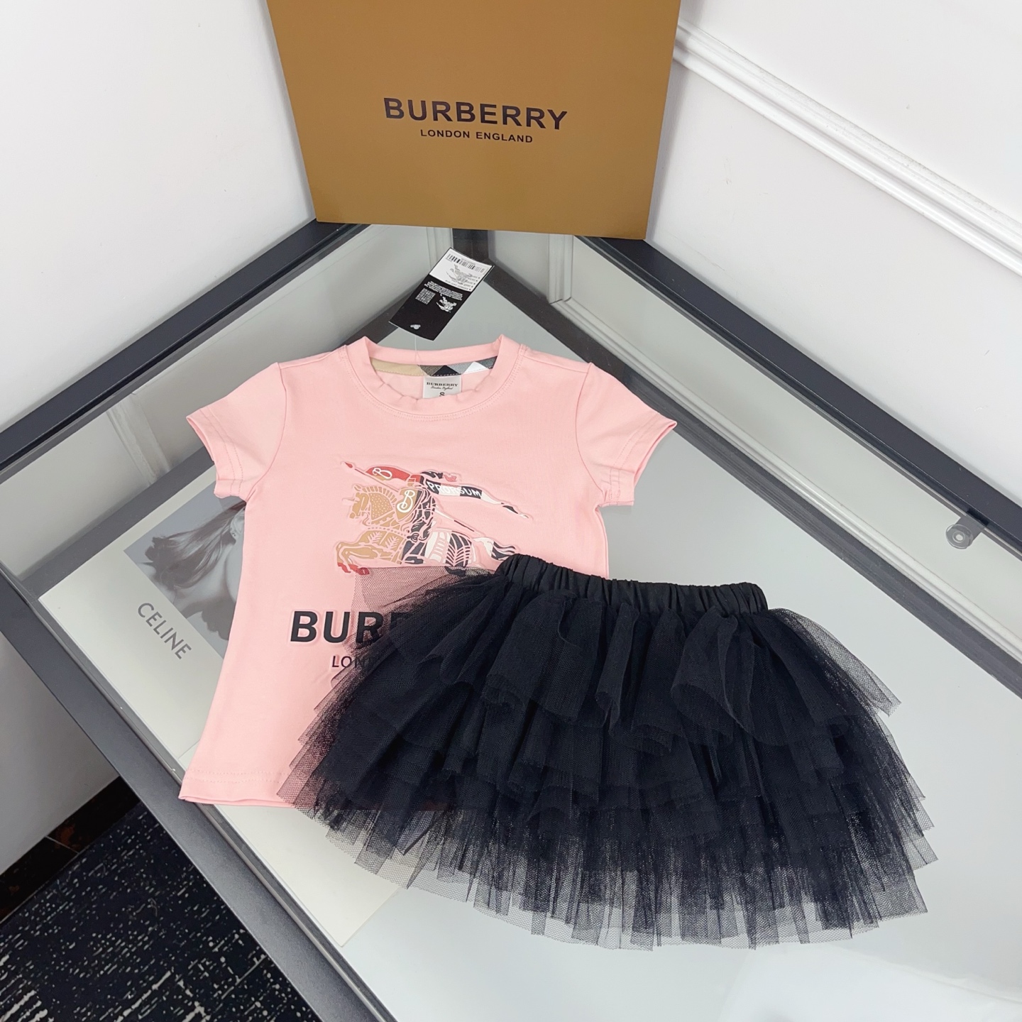 Burberry Girls Pink Embossed Equestrian Knight Short Sleeve T Shirt & Multi-Layer Black Tulle Tutu Skirt Two Piece Princess Outfit Sizes 90-130, Little Girls Matching Set