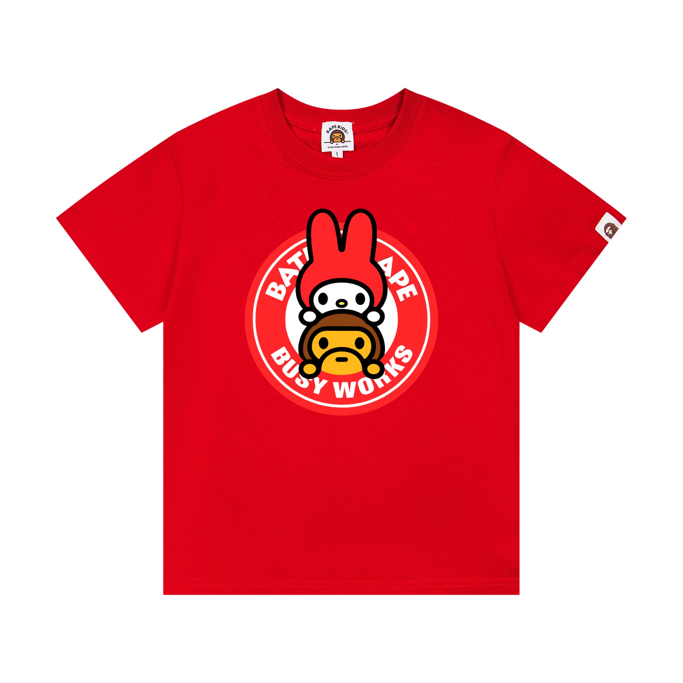 Bape Unisex Kids Red White Black Pink My Melody Baby Milo Busy Works Circle Graphic Short Sleeve T-Shirt Boys Girls Sizes 90-150