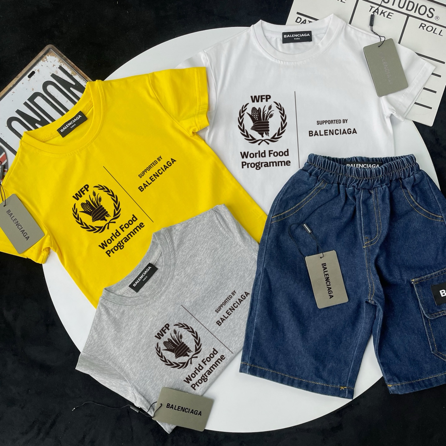 Balenciaga Unisex Kids White Yellow Gray WFP Wheat Wreath Print Short Sleeve T-Shirt & Blue Elastic Waist Cargo Denim Shorts 2 Piece Set Boys Girls Sizes 90-150