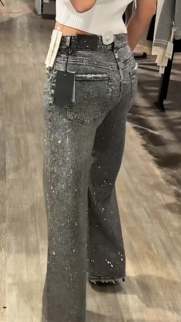 Women Rhinestone Washed Casual Jeans