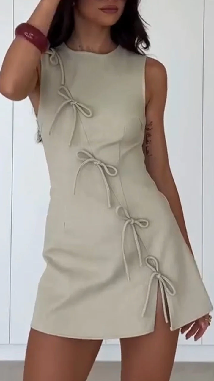 Women Round Neck Sleeveless Bow Tied Casual Dress