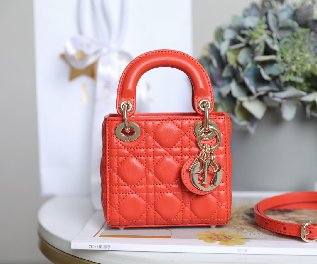 [TOP] Christian Dior Lady Dior Bag Lambskin 12x10x5cm - Orange - 711 Luxury