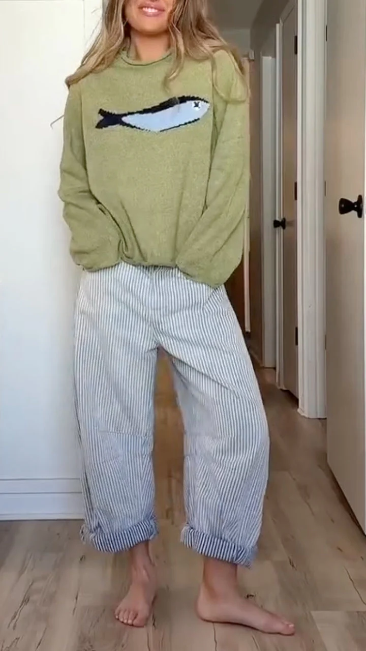 Women's Round Neck Sweater + Striped Trousers Casual Suit