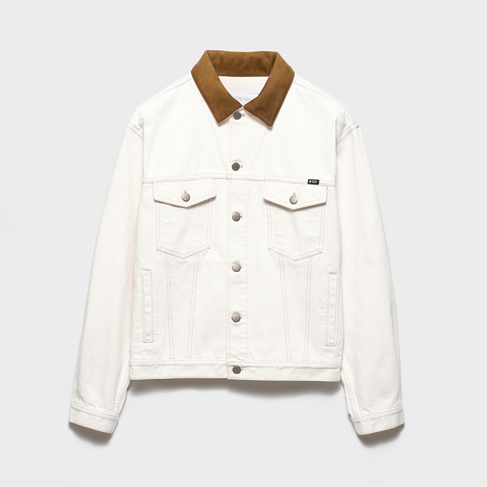 PRADA White Old Denim Jacket and Five-Pocket Jeans With Leather Details #385093
