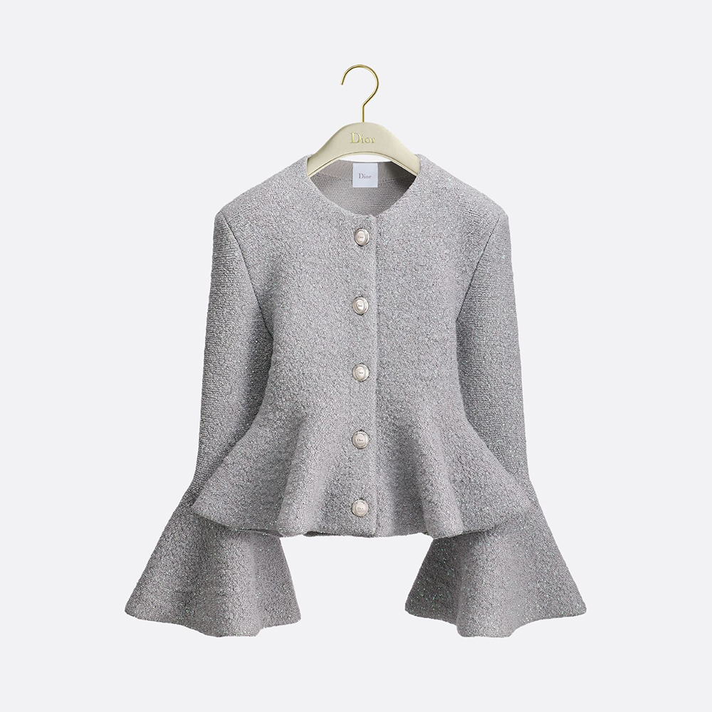 Dior silver Clothing DIOR Peplum Jacket Ecru Virgin Wool-Blend Knit Embroidered with Silver-Tone Sequins #378470 View 2 | Nig