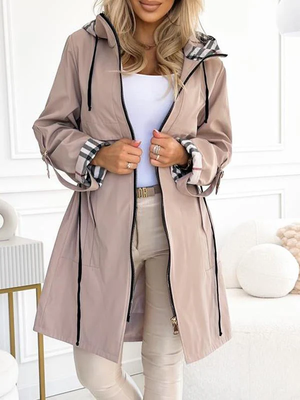 Women's Hooded Zipper Drawstring Plaid Print Casual Long Coat-XS-3XL