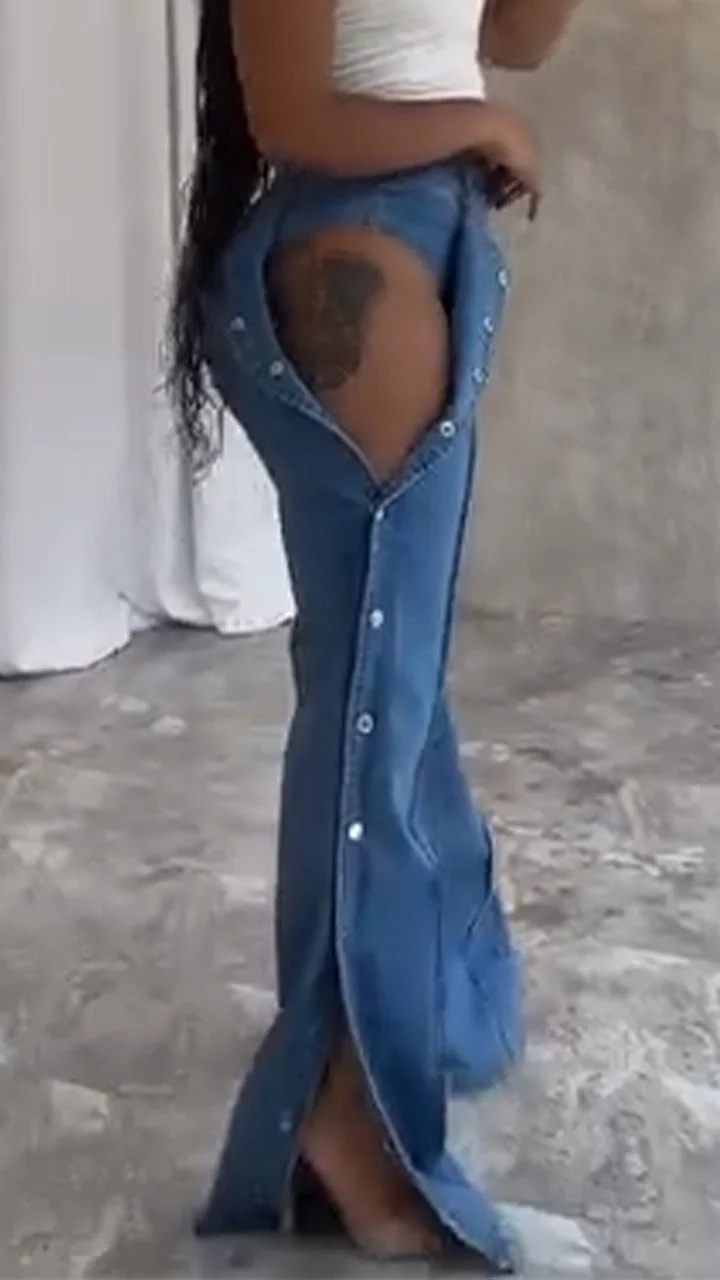 Ladies' Buckle and Slit Casual Denim Pants