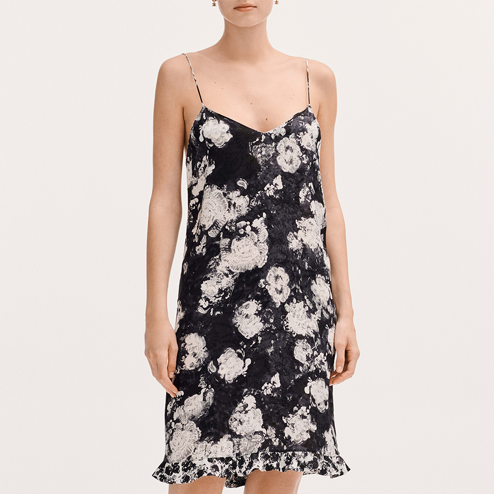 CHANEL Dress Printed Silk Jacquard White Black #383718