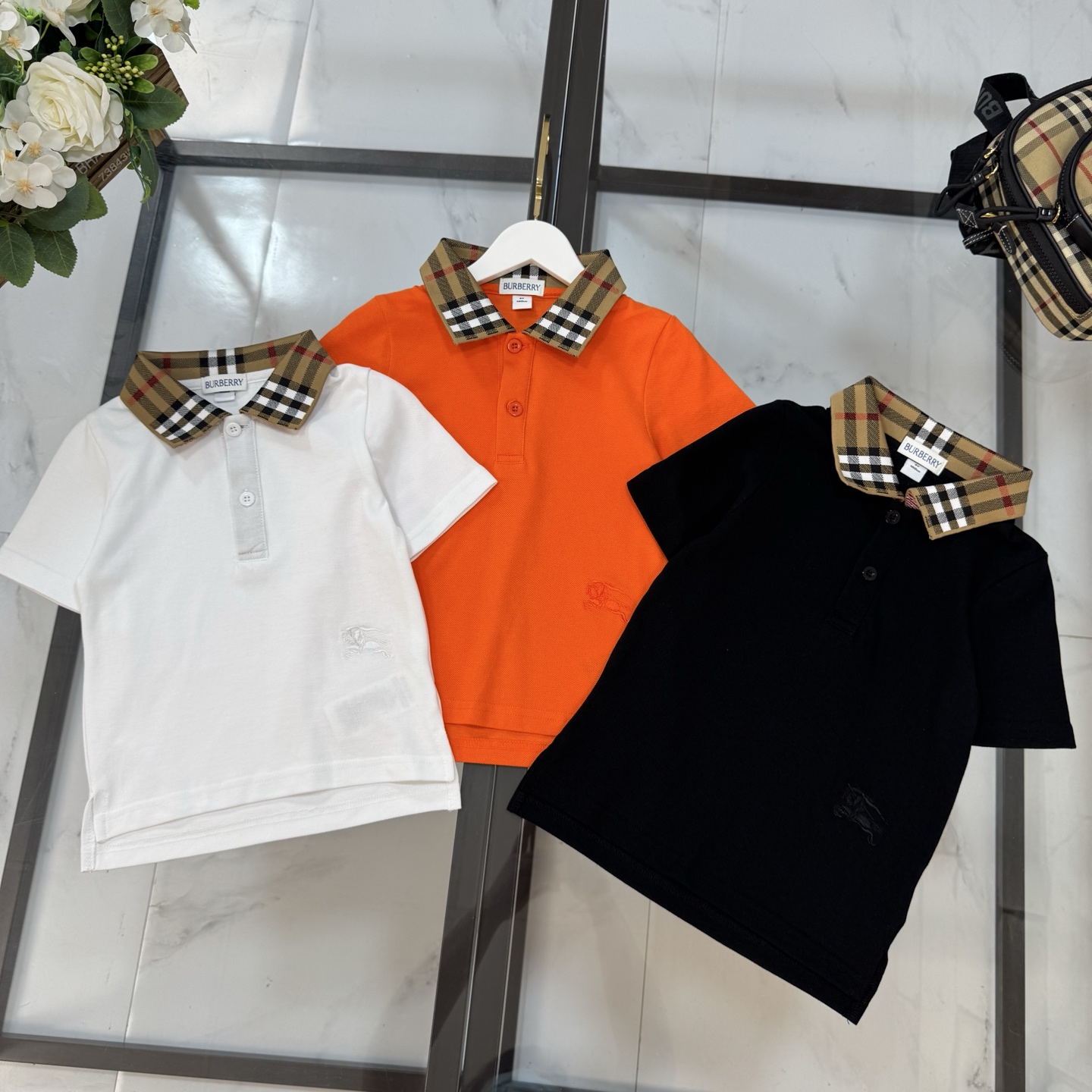 Burberry Unisex Kids Vintage Check Collar Short Sleeve Cotton Polo T-Shirt Boys Girls Sizes 100-160 Three Colors White Black Orange