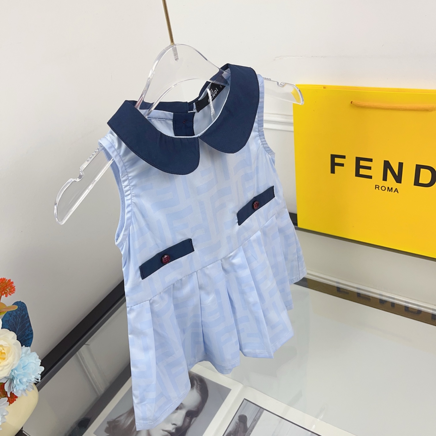 Fendi Girls Light Blue FF Monogram Peter Pan Collar Sleeveless Pleated Dress Kids Sizes 80-120