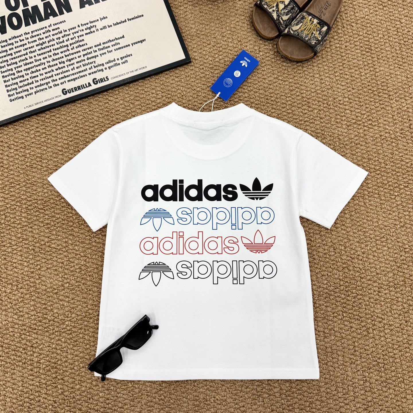 Adidas Unisex Kids & Adult Short Sleeve Tee Multi Color Mirror Letter Trefoil Print girls boys Sizes 90-150 Adult Size S-2XL