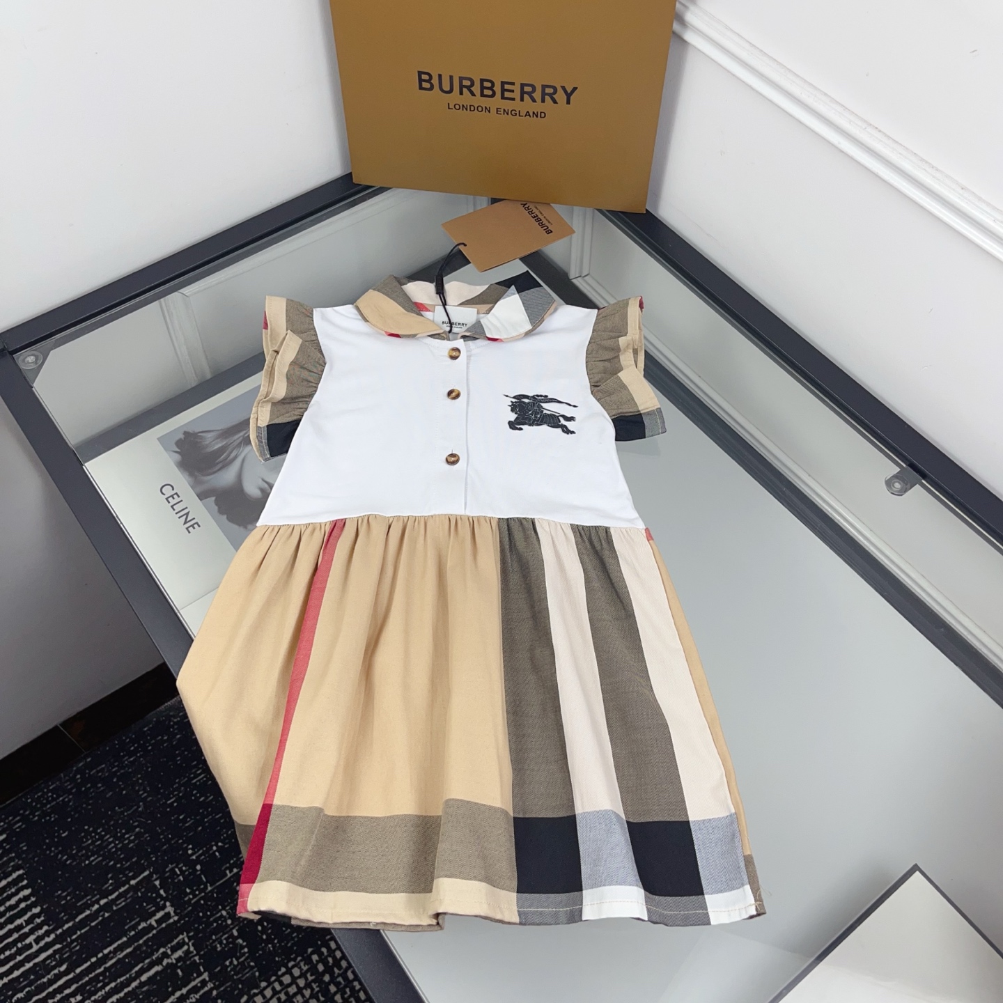 Burberry Girls Color Block Vintage Plaid Flutter Sleeve Peter Pan Collar Spliced Dress Kids Sizes 80-150