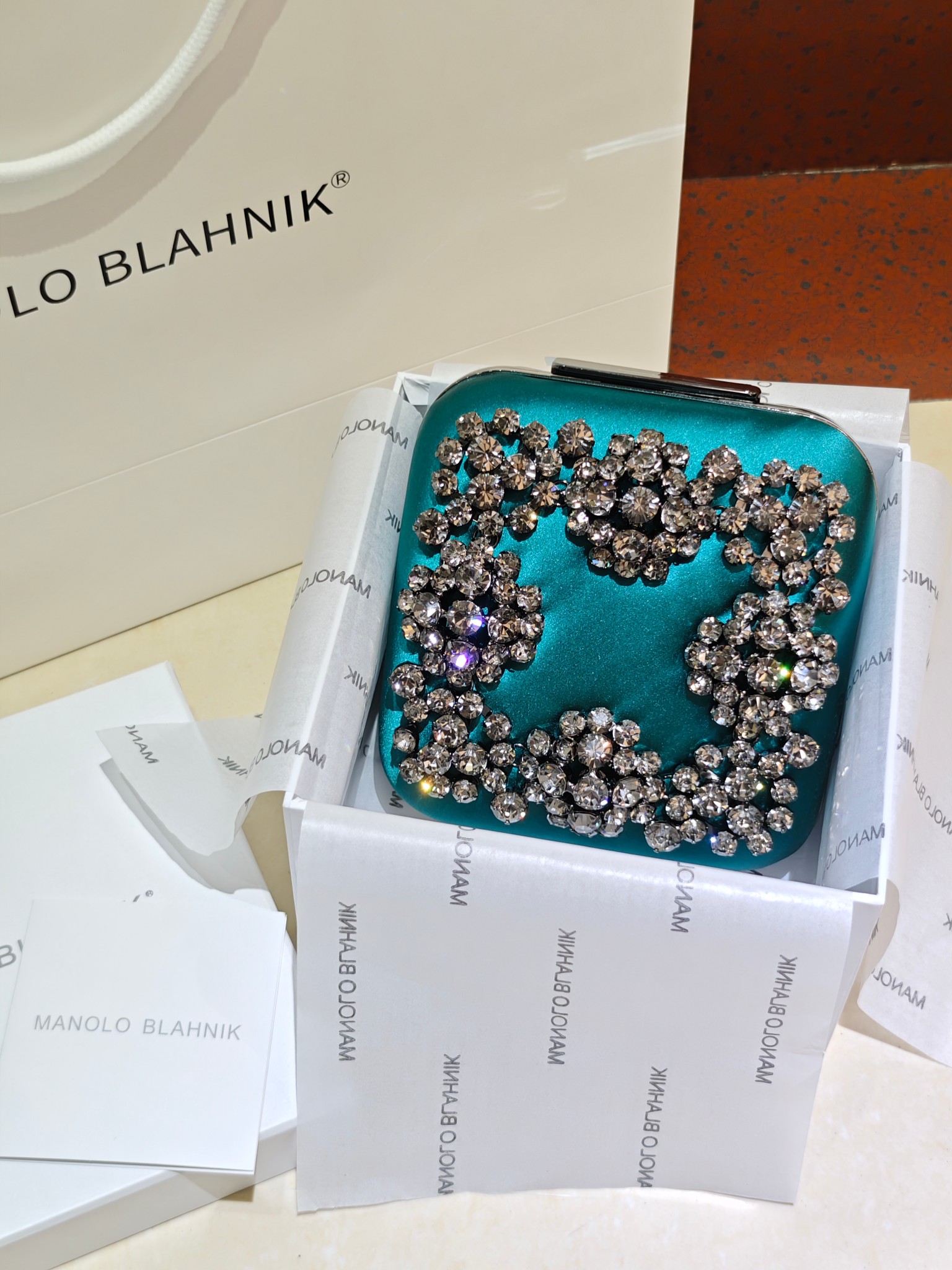 [TOP] MANOLO BLAHNIK Lace-patterned Square Bag 15.8*17*7.3cm - Green - 711 Luxury