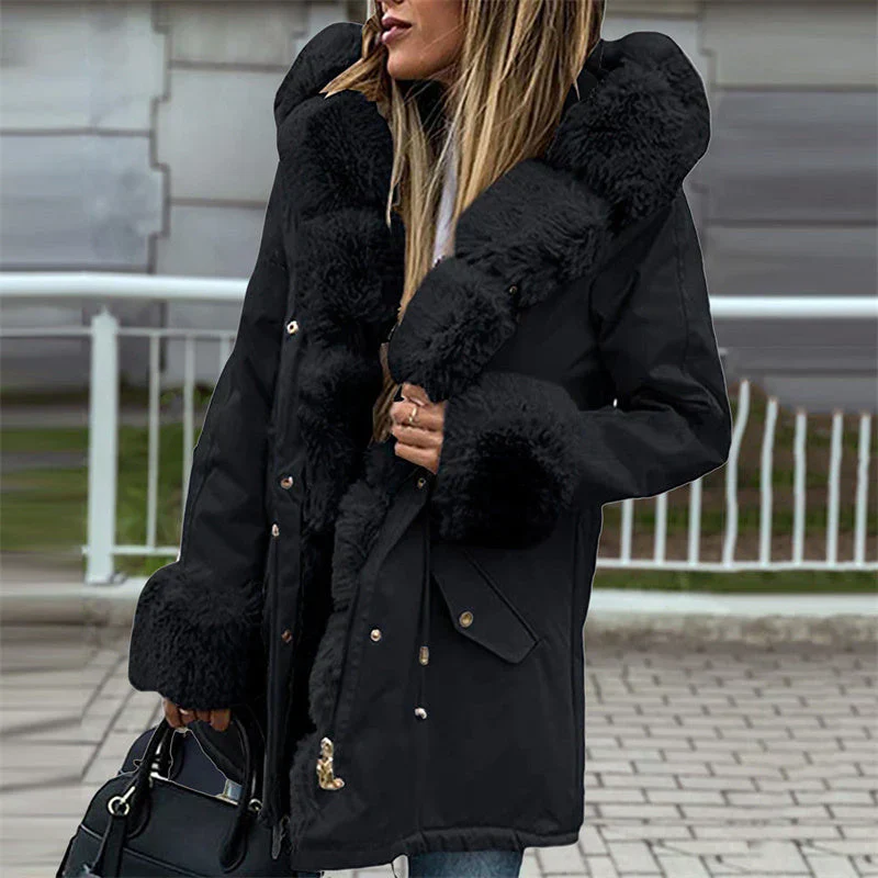Women's parka with detachable puffed fur collar
