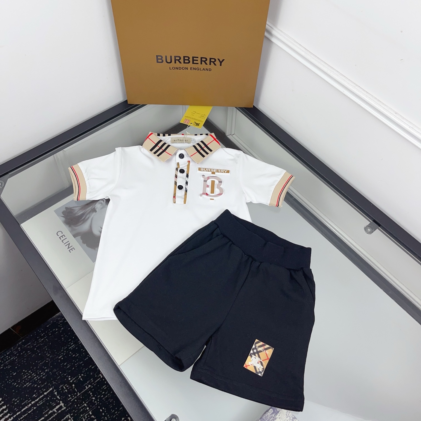 Burberry Unisex Kids Check Trim Collar B Embroidery White Polo Shirt & Check Patch Black Shorts Two Piece Set Boys Girls Sizes 90-130
