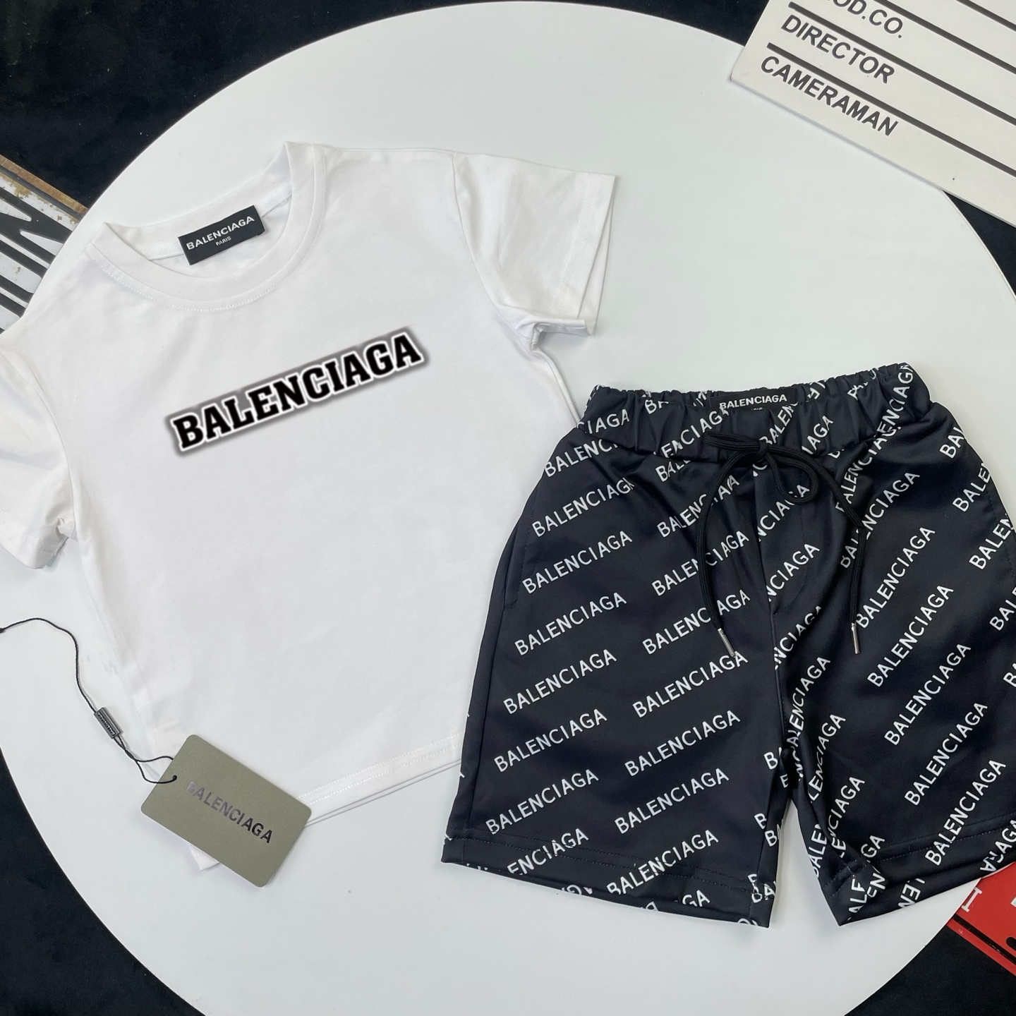 Balenciaga Unisex Kids White Black Shadow Border Logo Short Sleeve T-Shirt & Black All Over Letter Print Casual Shorts 2 Piece Set Boys Girls Sizes 90-150