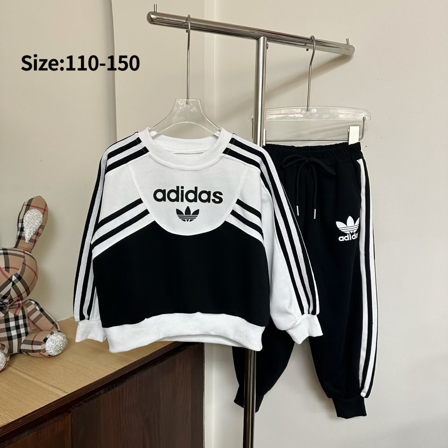 Adidas Unisex Kids Black White Color Block 3 Stripe Crewneck Sweatshirt & Cuffed Jogger Pants Two Piece Tracksuit Boys Girls Sizes 110-150
