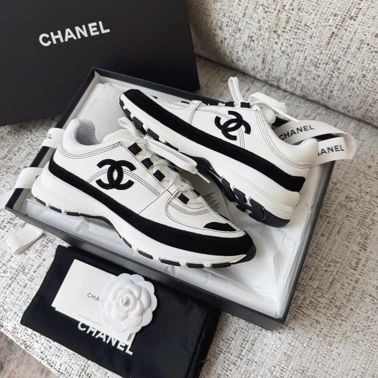 CHANEL Sneakers Calfskin Suede Calfskin White Black #378646