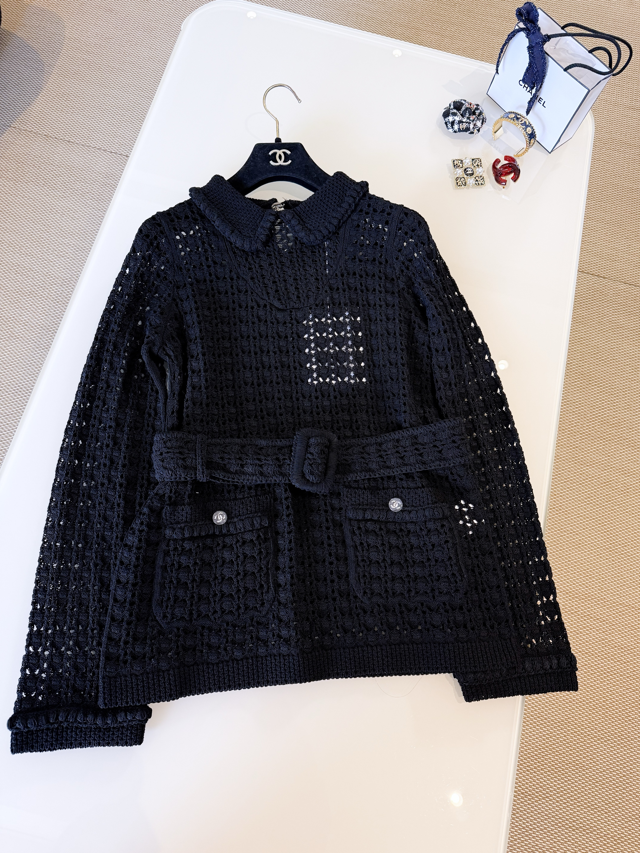 Chanel Hollow Belt Doll Collar Knitted Jacket Pants Suit #384480