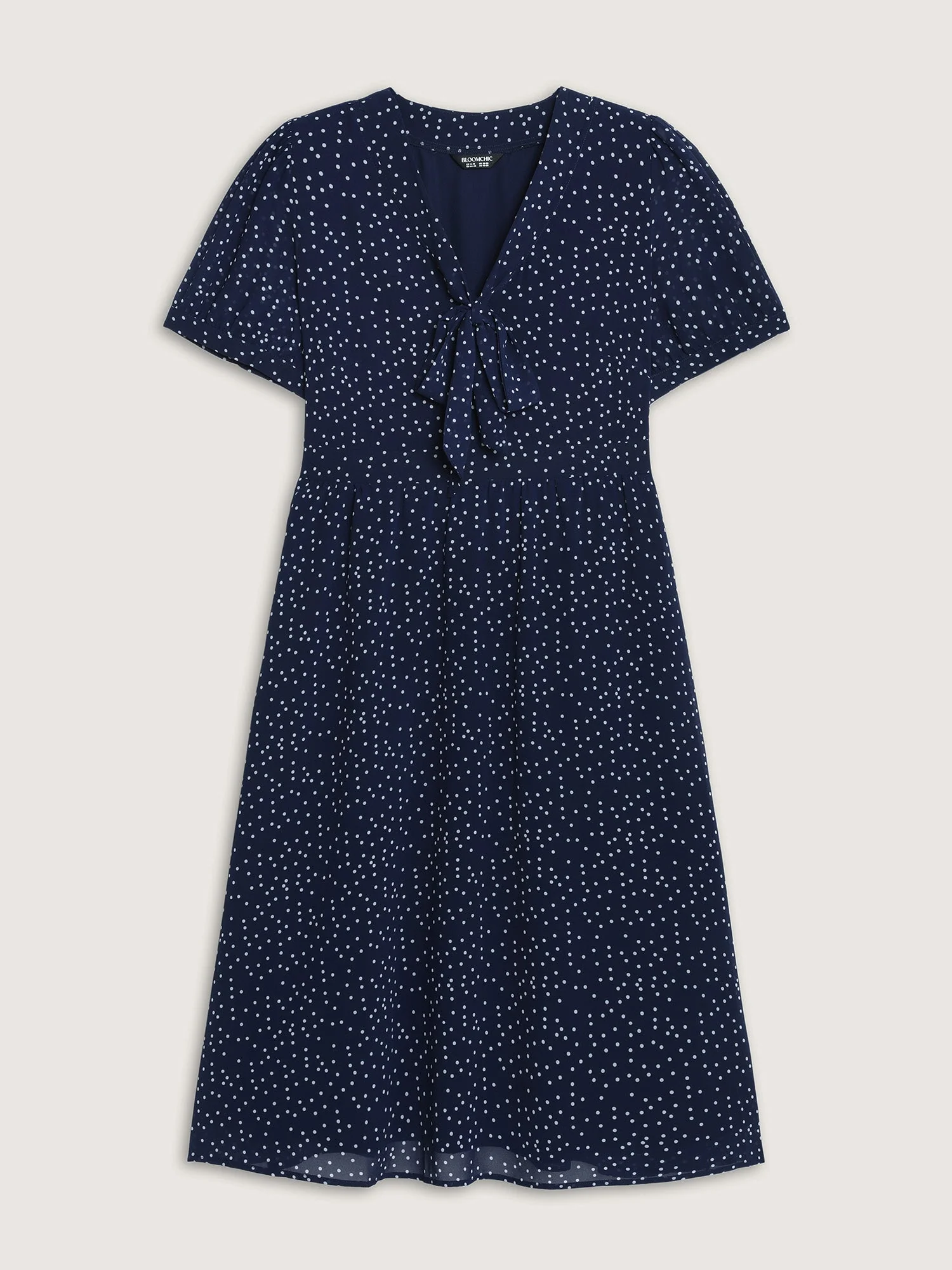 Pretty Polka Dots Ribbon Neckline Midi Dress
