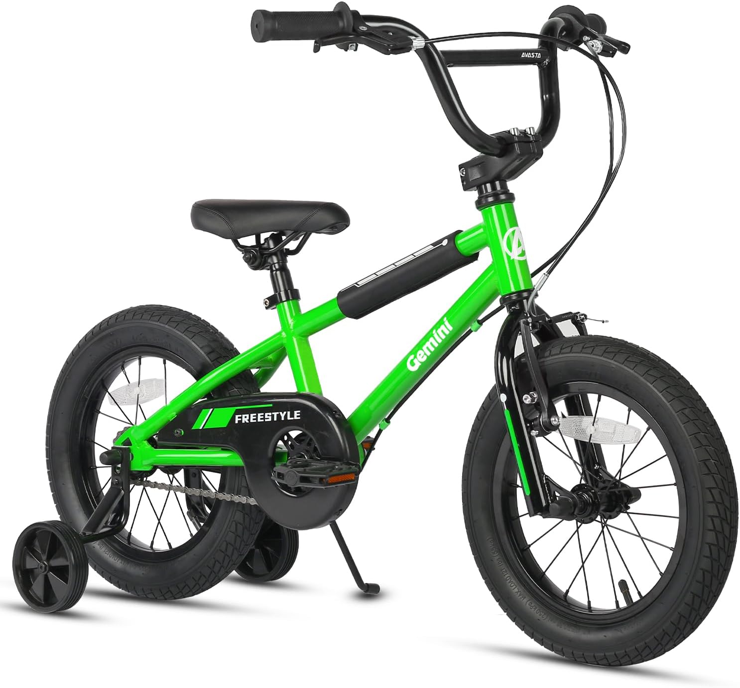 Green 16-inch kids bicycle with training wheels, freestyle design, and black rims.