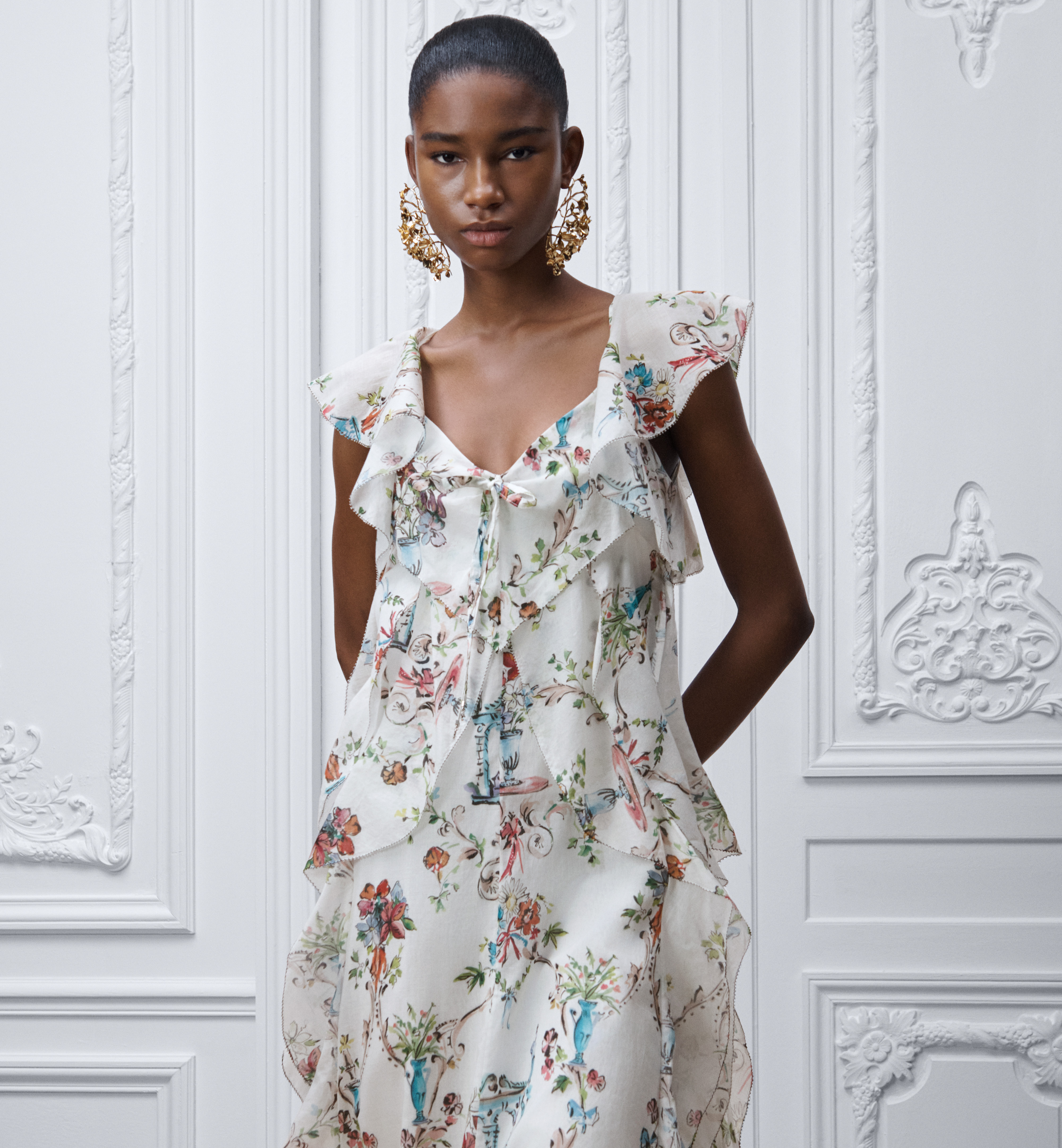 DIOR Dioriviera Long Ruffled Dress White Cotton Muslin with Multicolor Dior Arabesque Motif #387260