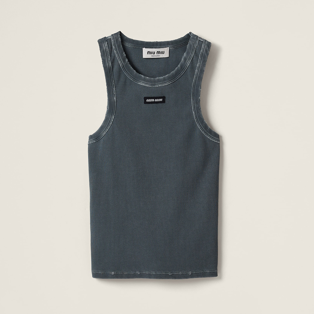 MiuMiu Grey Garment-dyed Ribbed Knit Jersey Top #378148