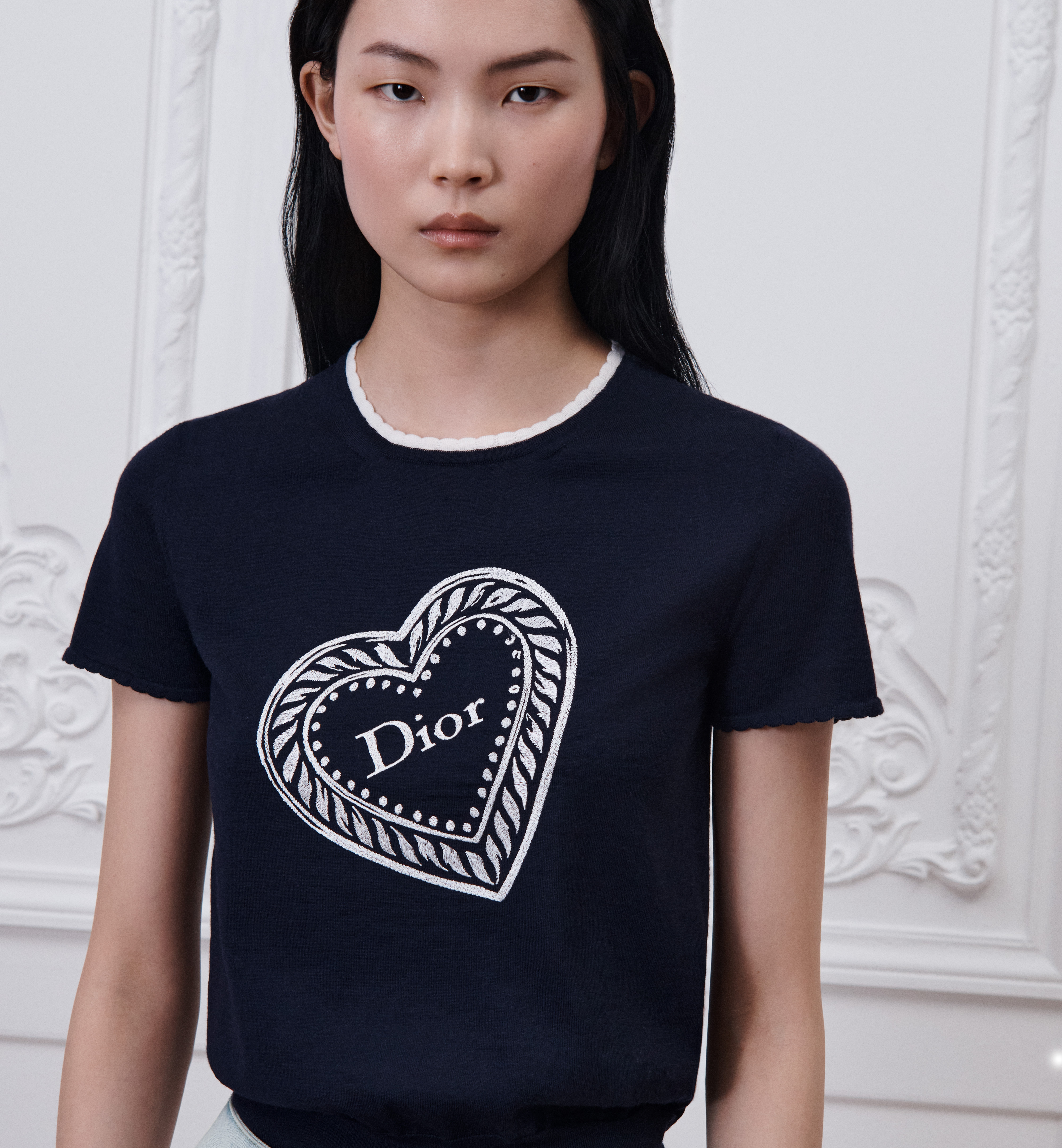 Dior white Clothing DIOR Dior Qixi Short-Sleeved Sweater Navy Blue Virgin Wool Jersey with White Dior Heart Locket Motif #395