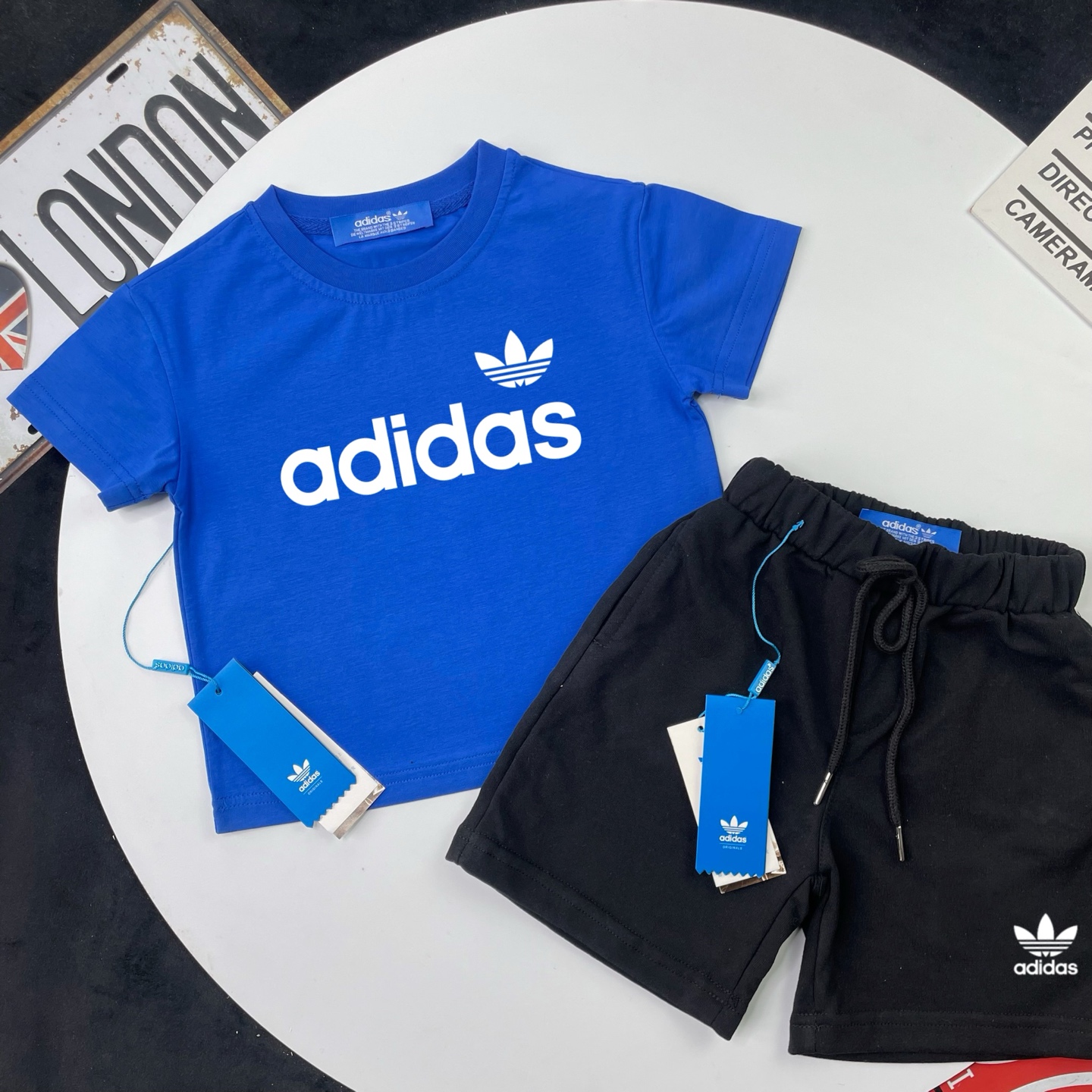 Adidas Kids 2Pcs Small Trefoil Logo Tee & French Terry Sweat Shorts Matching Set For Boys Girls Full Original Tags Sizes 90-150,