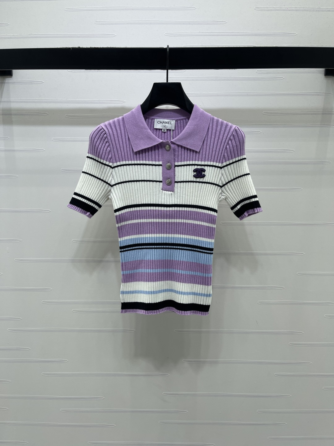 [TOP] CHANEL  Color-blocked Striped Collared Knit Short-sleeved Shirt - Purple - 711 Luxury