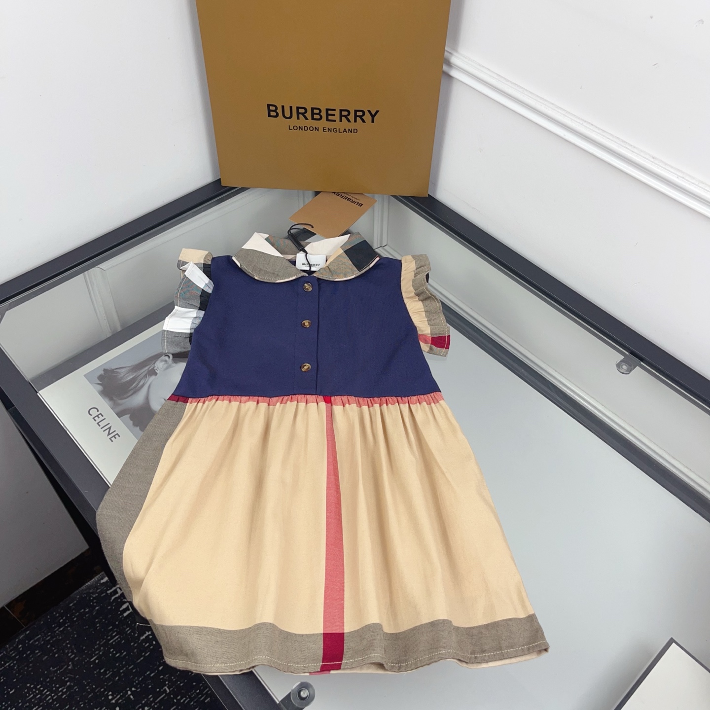Burberry Girls Vintage Beige Plaid Collar Brown Tulle Sleeveless A-Line Dress Kids Sizes 100-160