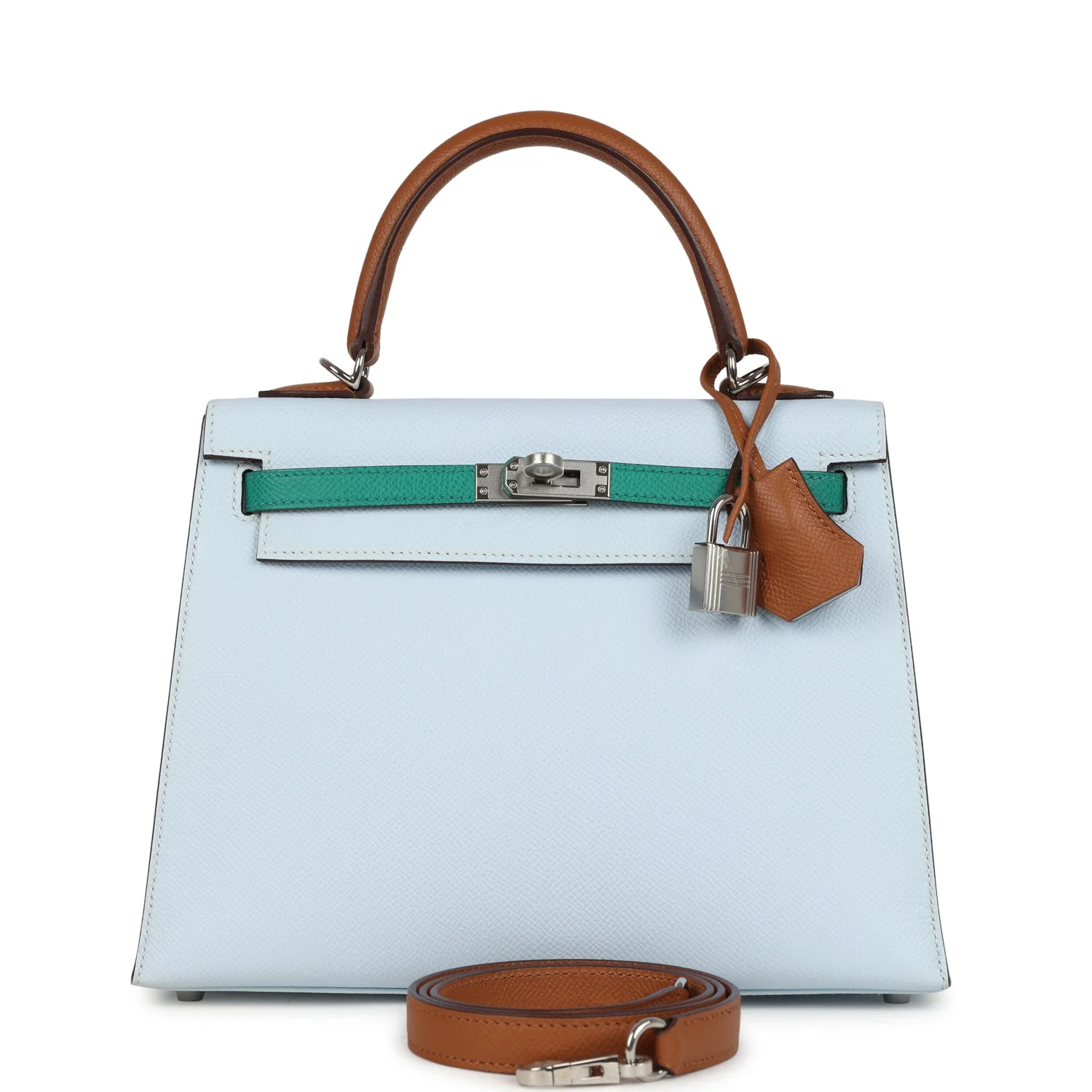 Hermes Kelly Sellier  Tri-Color Bleu Brume, Gold and Vert Jade Epsom Epsom Palladium Hardware