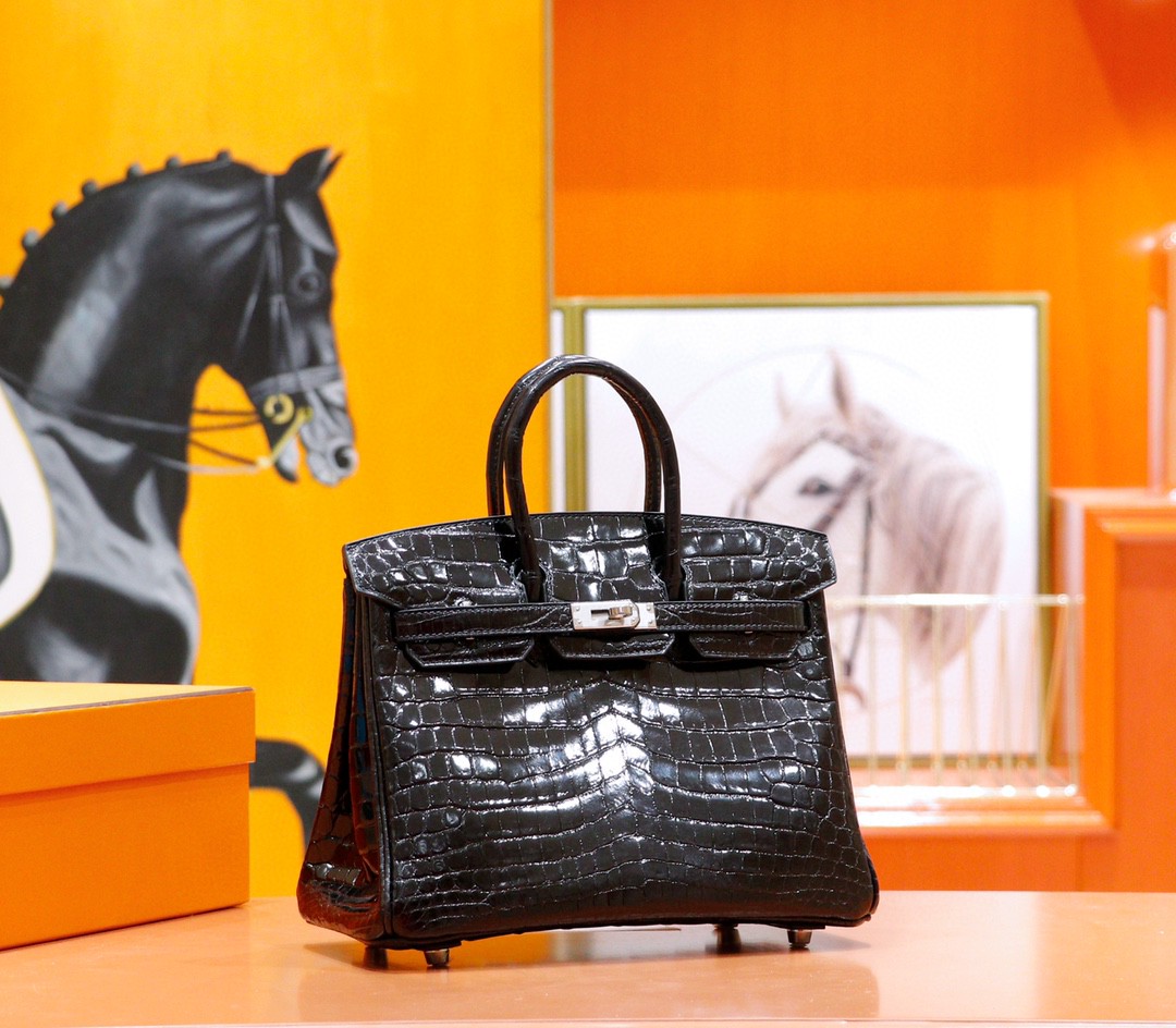 Hermes Birkin platinum bag, black color, glossy crocodile skin, silver buckle, 25-30cm long