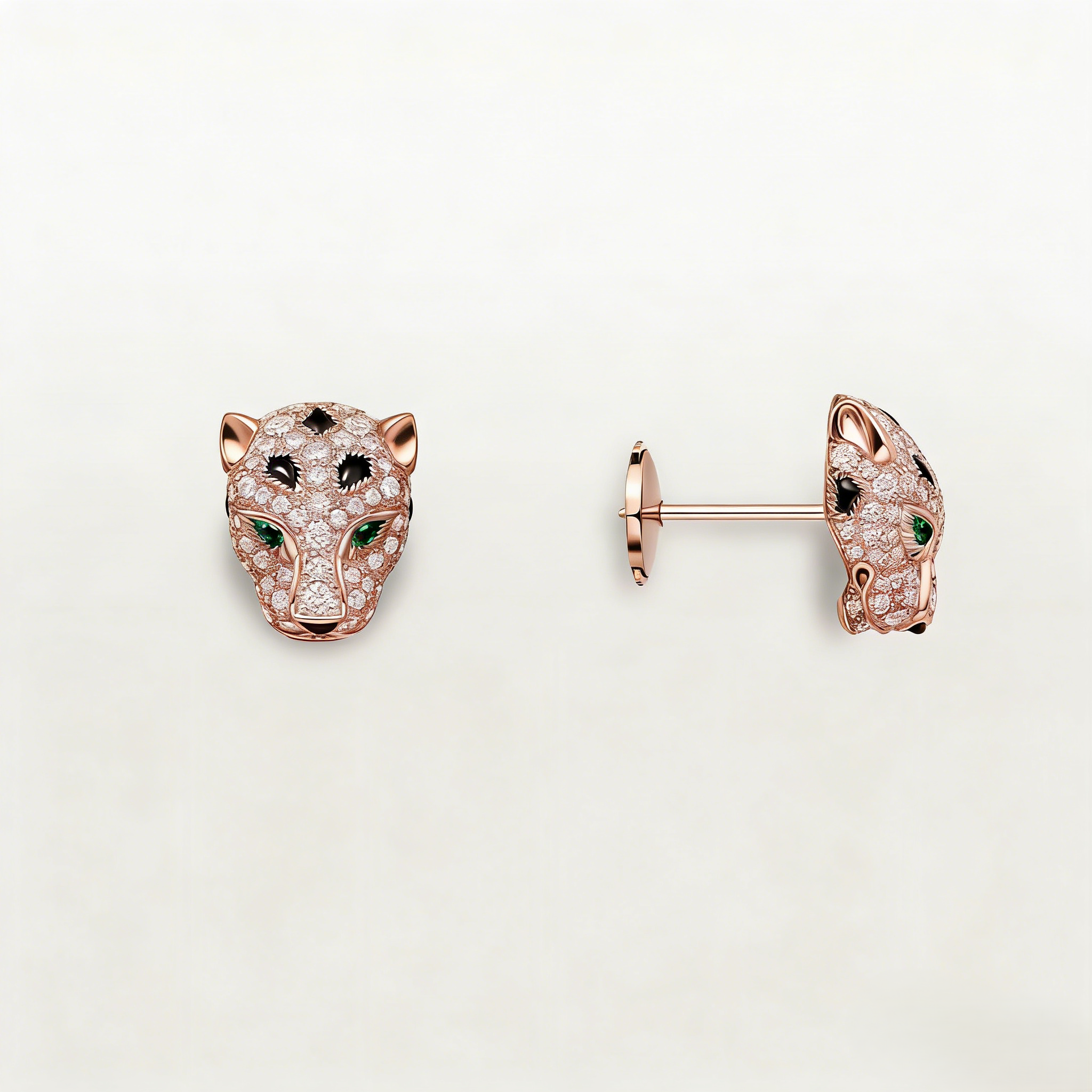 Carty Panther Motif Earrings,Rose Gold, Paved Moissanite