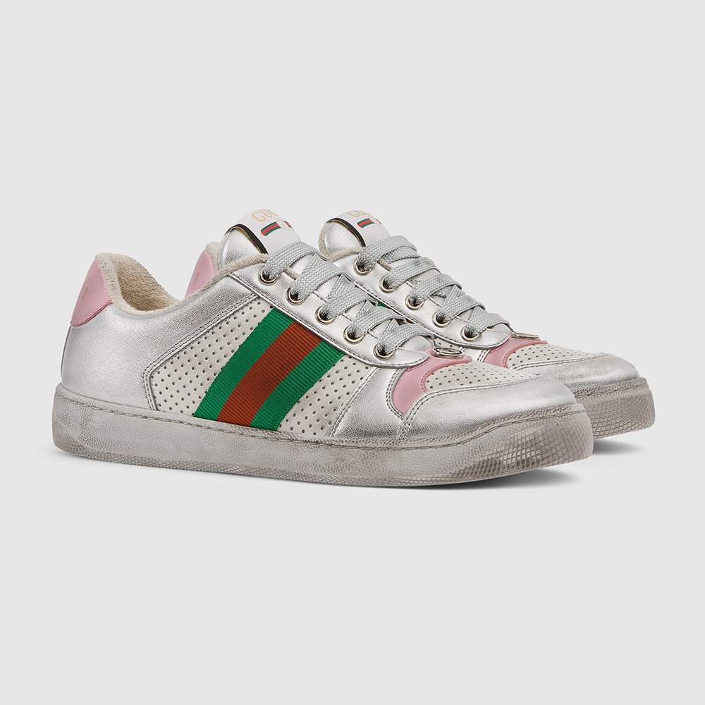 Gucci silver Shoes GUCCI Women's worn-out effect Screener sneaker in silver metallic leather #396295 | Nigo Office
