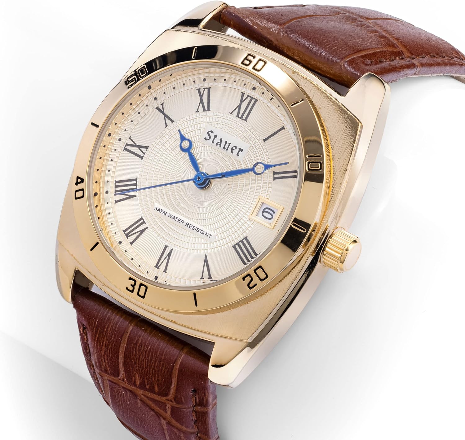 Stauer Timemaster Piezo Watch for Men – 36mm Gold-Finished Alloy Watch Case with Genuine Brown Leather Band and Cotswold Crystal