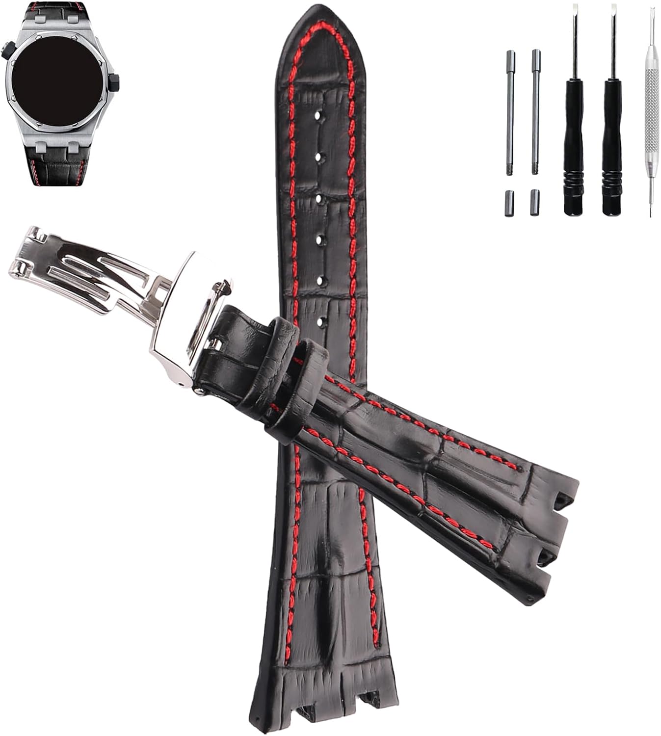 XTHCY Leather 28MM Watch Band &Tube and Screws Compatible for Audemars Piguet AP Royal Oak Offshore 15703(Men's style) 15710 26170 26176 26237 26470 26703 Strap Band Replacement for men wirst watchband and women Watch Bracelet