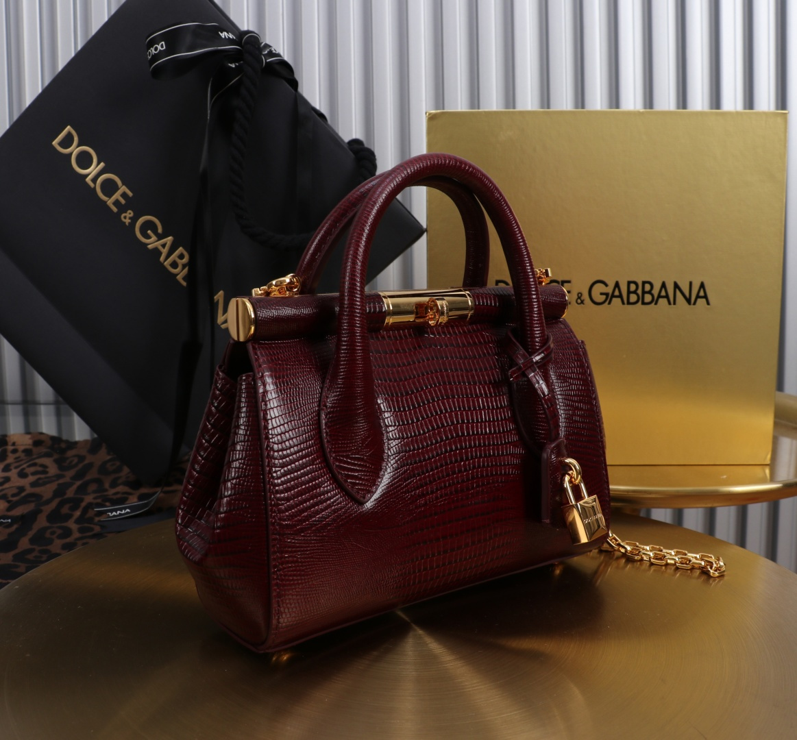 [TOP] Dolce & Gabbana D&G Marlene Bag Calfskin with Lizard Print 19x13.5x7cm - Dark Red - 711 Luxury
