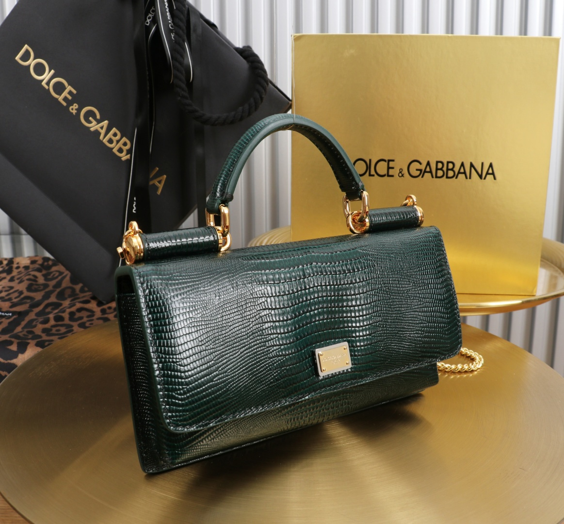 [TOP] Dolce & Gabbana D&G Bag Lizard-patterned Cowhide Bag 20x11x3cm - Dark Green - 711 Luxury