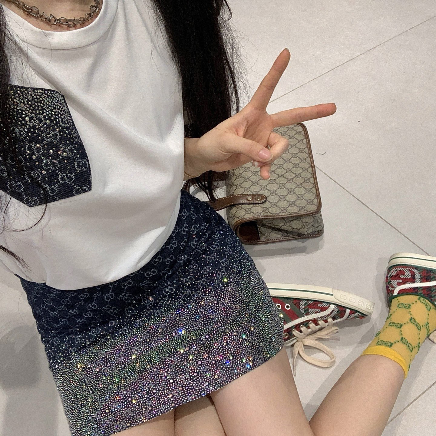 [TOP] GUCCI T-shirt + Skirt Set - White/Navy Blue