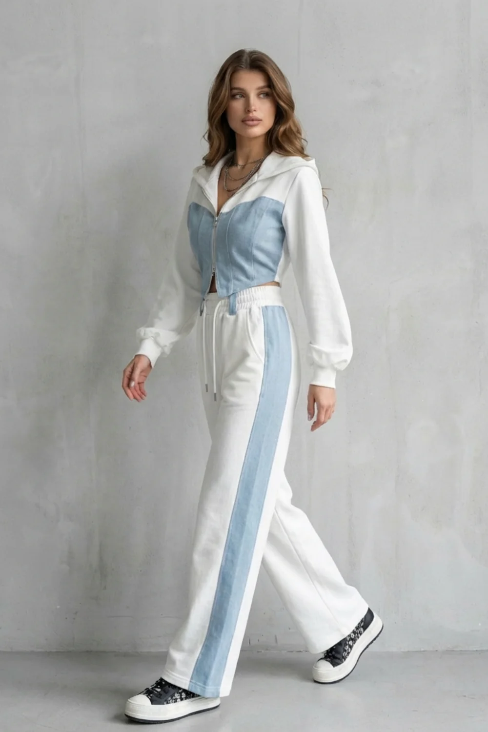 Arlo – Denim Splice – Two-Piece Hoodie & Sweatpant Set