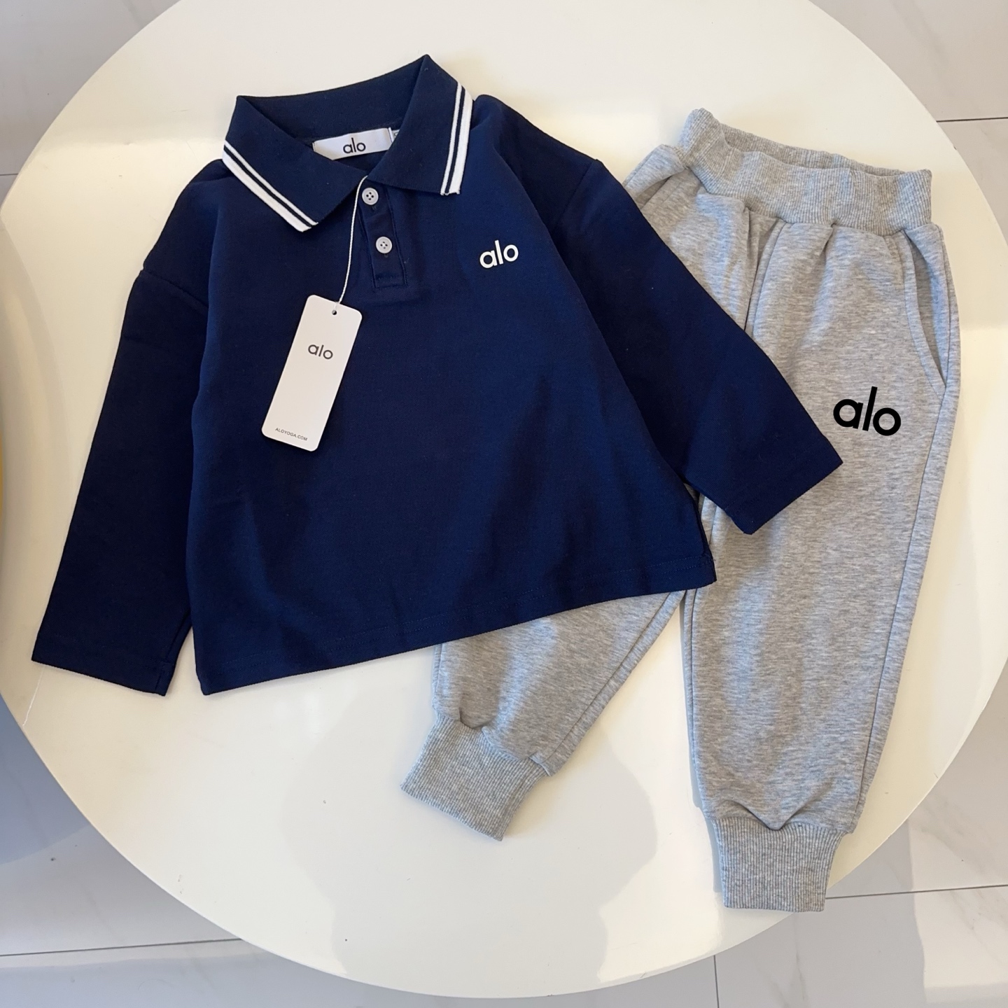 Alo Kids Striped Collar Long Sleeve Polo Top & Logo Jogger Sweatpants Separates For Boys Girls Casual Basic Outfit Multiple Colors Sizes 90-150