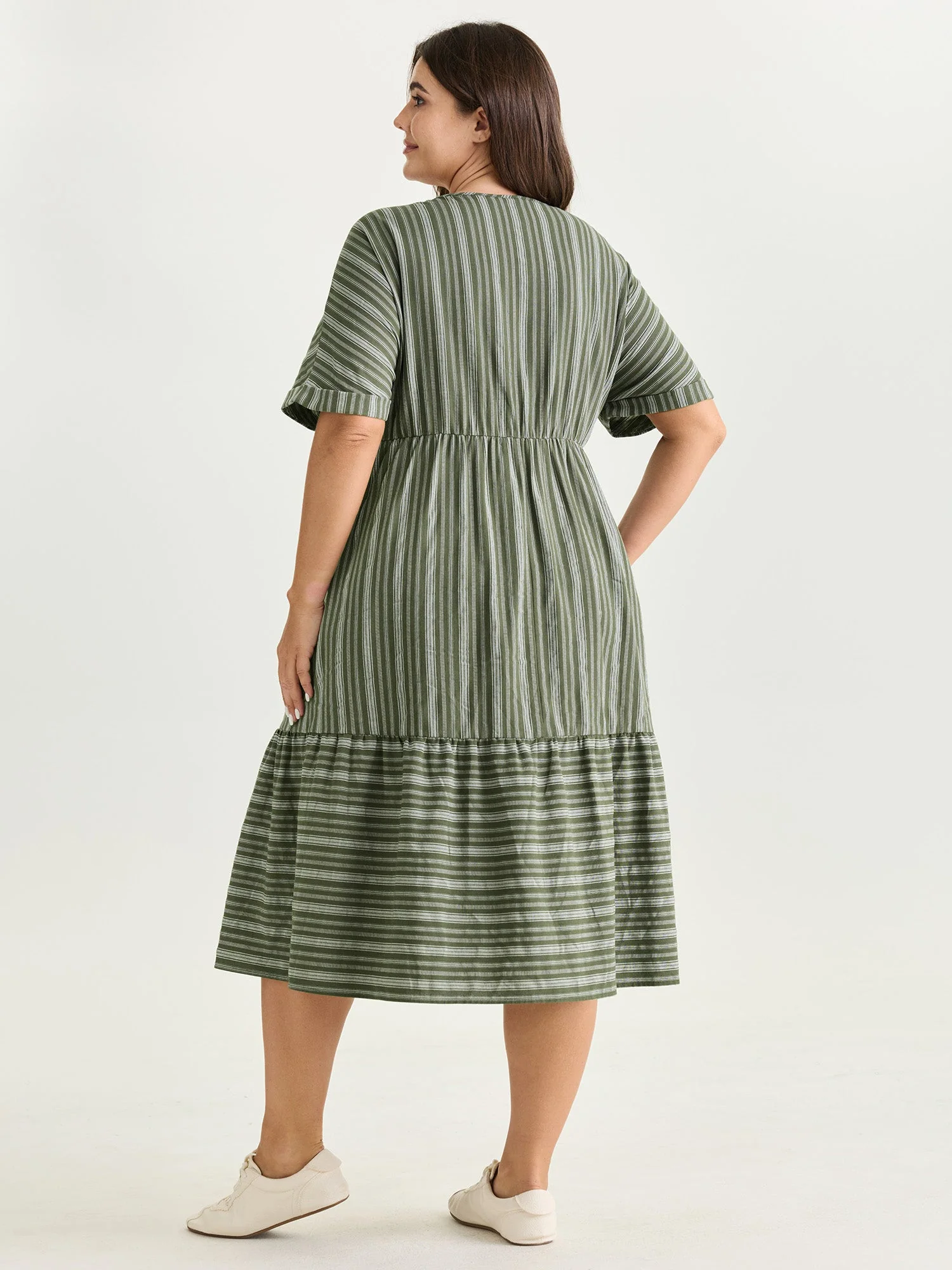Striped Print V-Neck Midi Dress