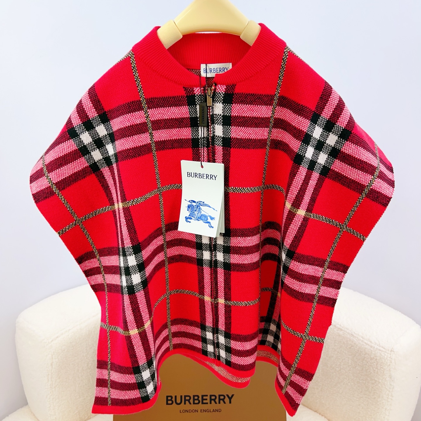 Burberry Girls Boys Red Vintage Check Knit Zip Cape Poncho Kids Cashmere Cotton Blend Holiday Cloak Sizes 90-170