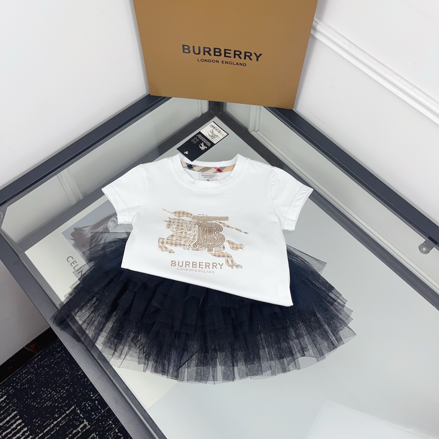 Burberry Girls White Rhinestone Equestrian Logo Short Sleeve T Shirt & Multi-Layer Black Tulle Tutu Skirt Two Piece Princess Outfit Sizes 90-130, Little Girls Matching Set