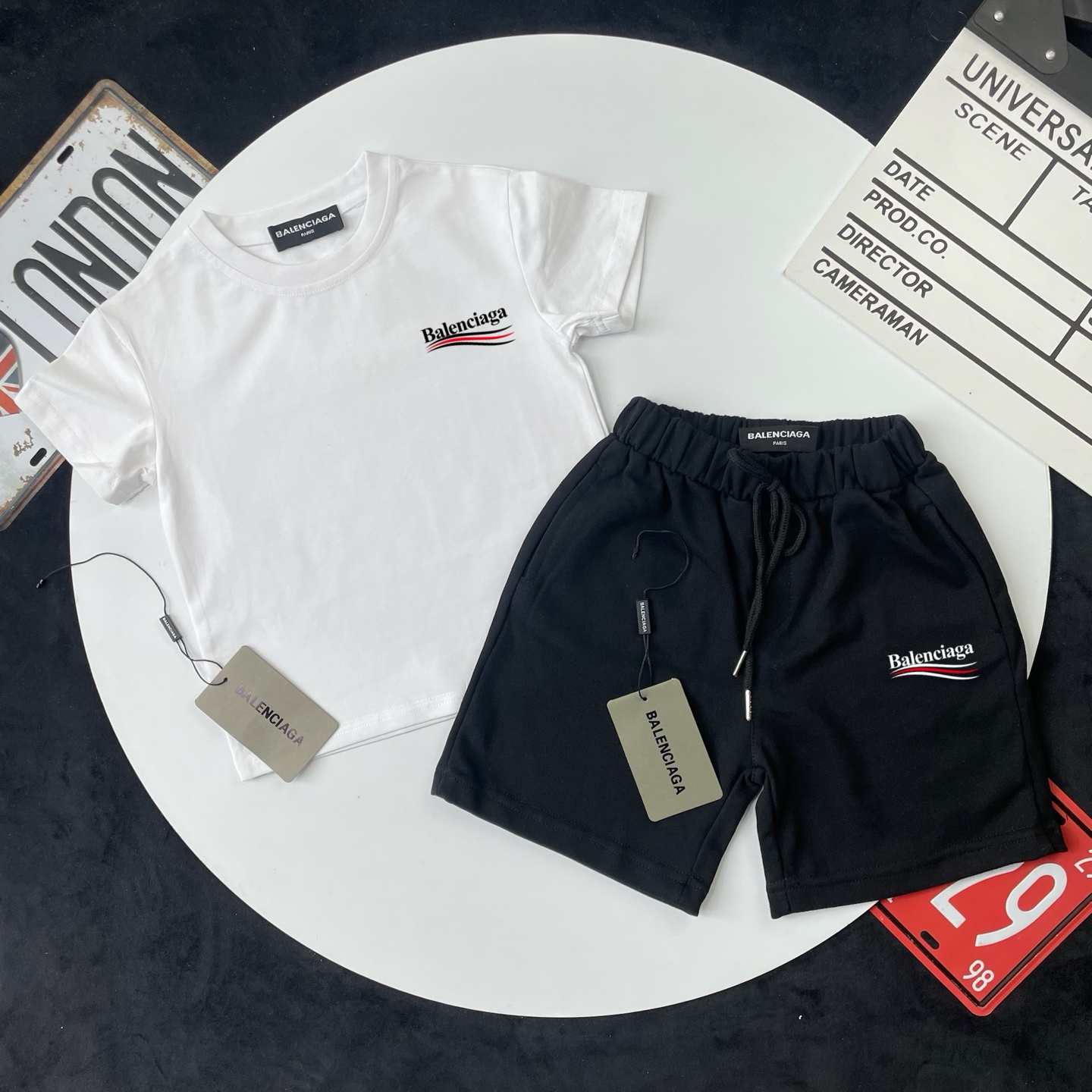 Balenciaga Unisex Kids White Red Wave Logo Short Sleeve T-Shirt & Black Wave Logo Casual Shorts 2 Piece Set Boys Girls Sizes 90-150