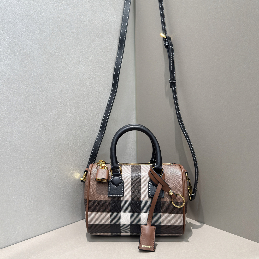 [TOP] BURBERRY Mini Plaid Boston Bag 18.5x11x12cm - Brown - 711 Luxury