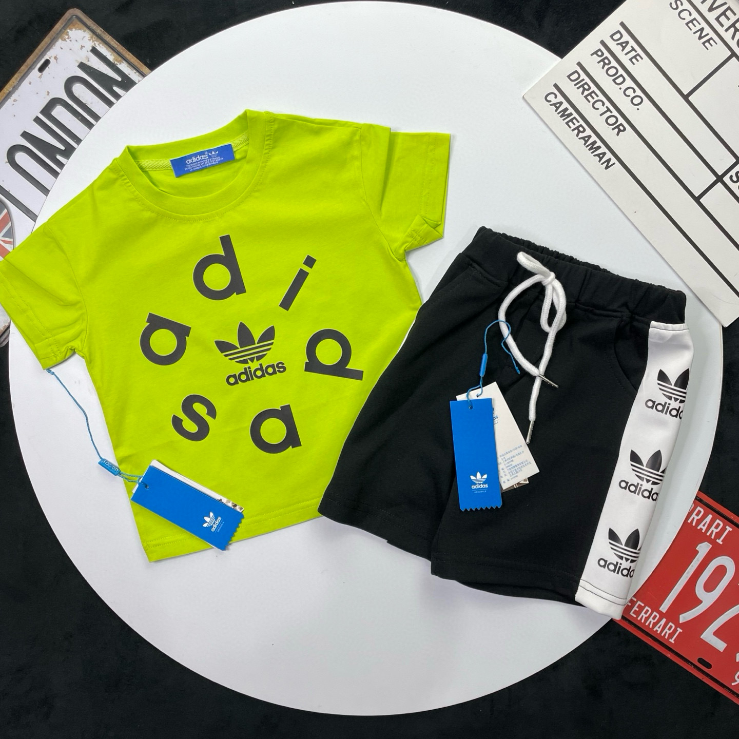 Adidas Kids 2Pcs Short Sleeve Tee & Side Stripe Shorts Outfit For Boys Girls Full Original Tags Sizes 90-150