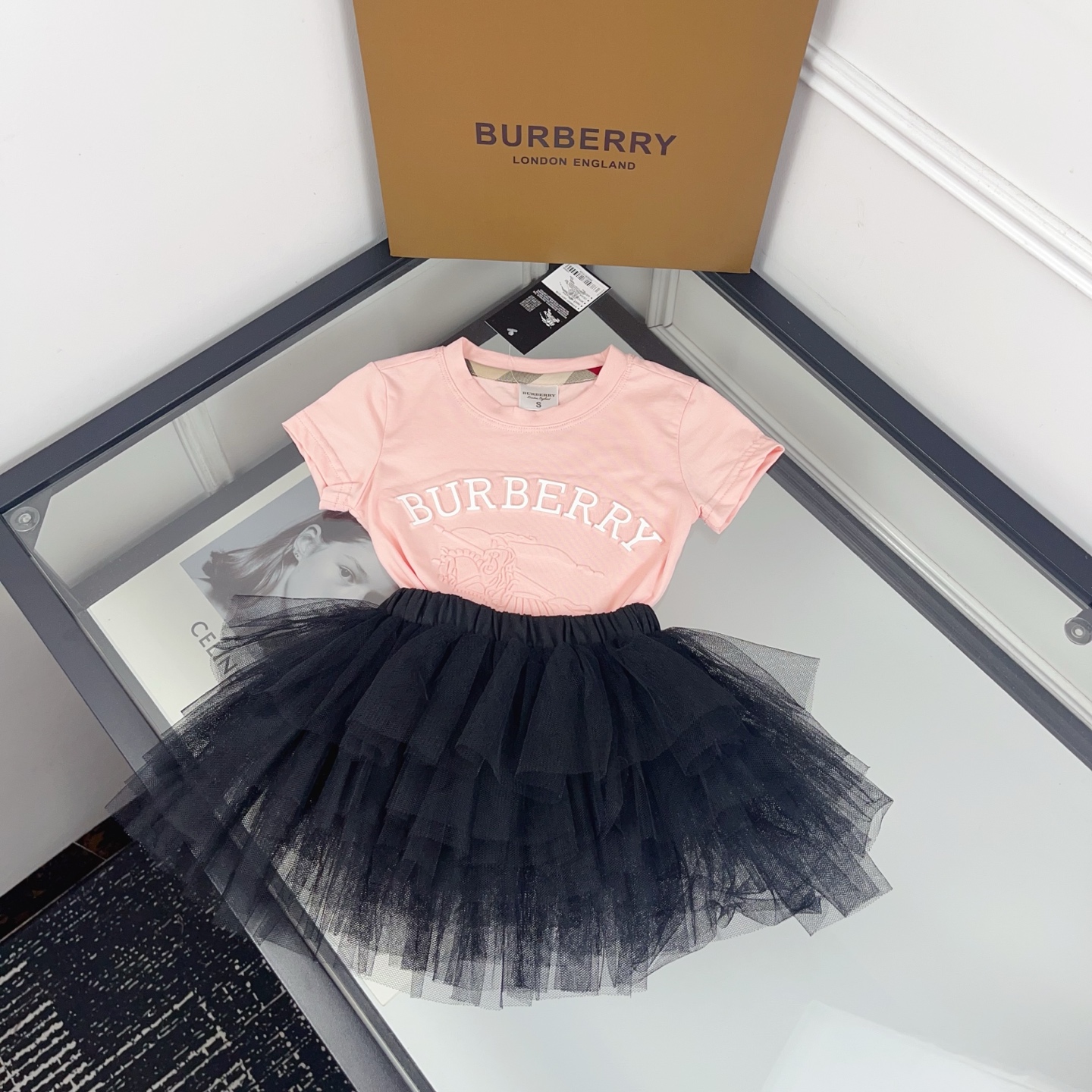 Burberry Girls Pink Embossed Letter Equestrian Short Sleeve T Shirt & Multi-Layer Black Soft Tulle Tutu Skirt Two Piece Princess Outfit Sizes 90-130, Little Girls Matching Set