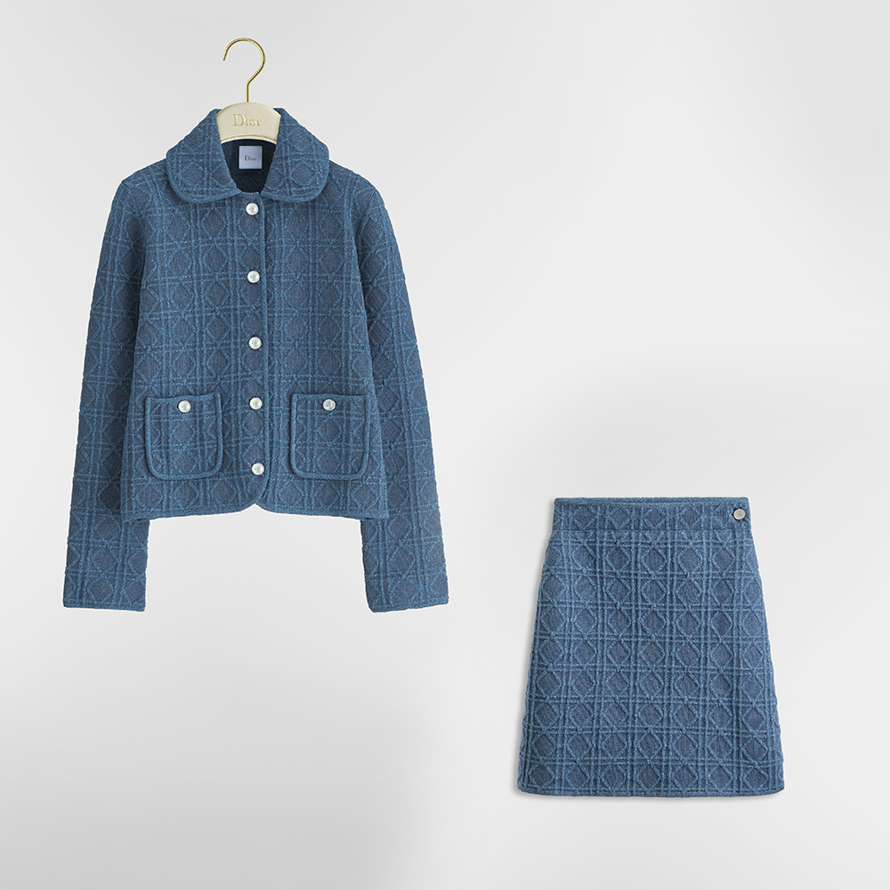 DIOR Macrocannage Regular-Fit Jacket and Miniskirt Blue Cotton-Blend Bouclé Knit #387024